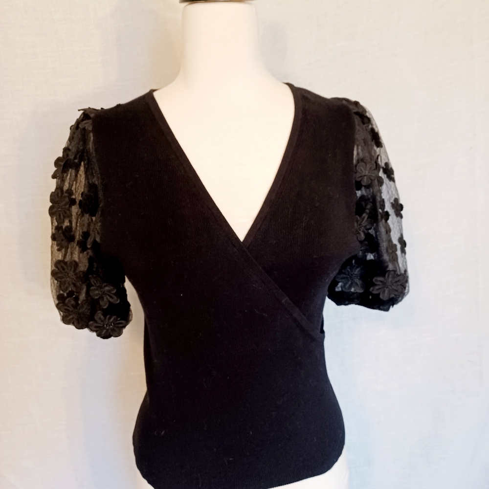 French Connection Black V-Neck Sweater with Lace Sleeves